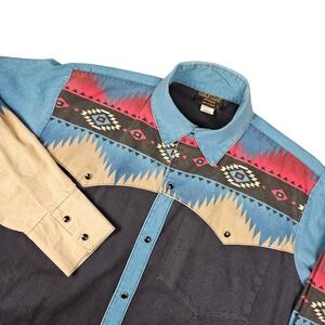 Vintage Wild West Brushpopper Shirt Mens L Pearl‎ Snap Button Up Aztec Western
